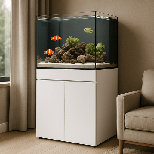 JBJ 45-Gallon AIO Rimless Aquarium Kit with White Stand – Modern Saltwater or Freshwater Tank Setup